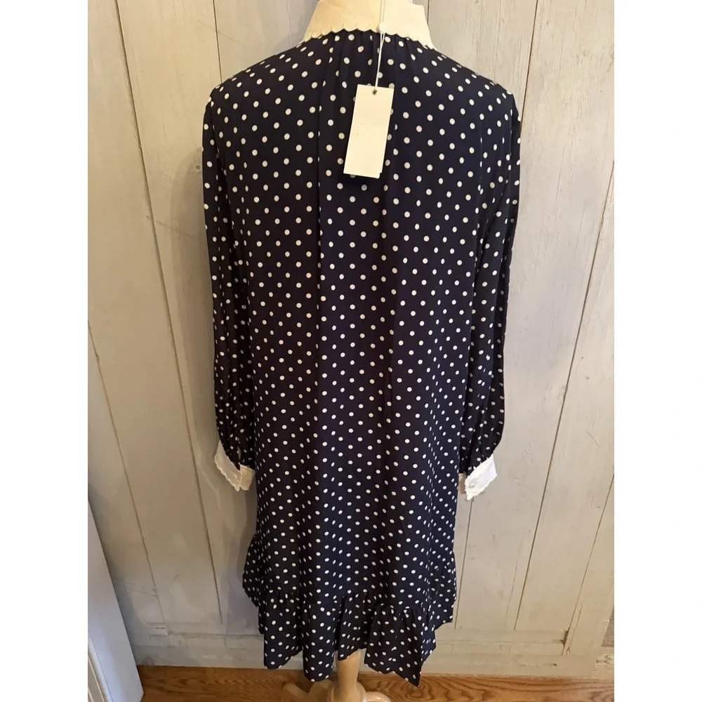 Tory Burch Cora Silk Dress 6 Button Up Preppy Classic Navy Polka Dot‎ New $498